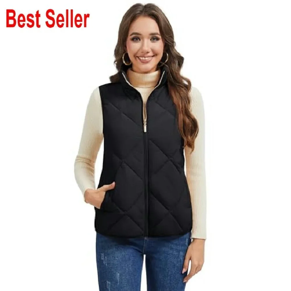 Sleeveless Quilted Puffer Vest Lightweight Winter Jacket Stand Collar Chic